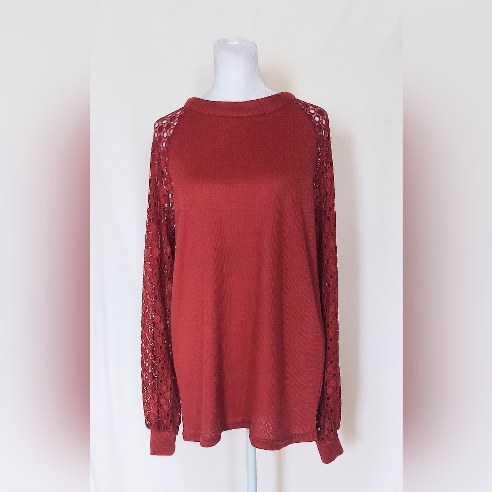 Miholl Crew Neck Waffle Knit Eyelet Sleeve Top Shirt Maroon Red Womens Large